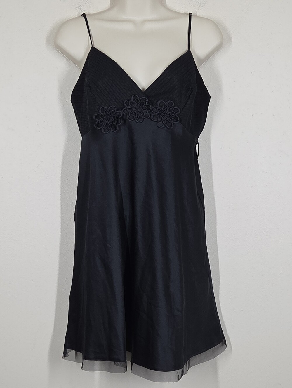 Vtg Y2K Black Satin Mesh Babydoll Mini Slip Dress S Fairy Grunge Coquette Goth